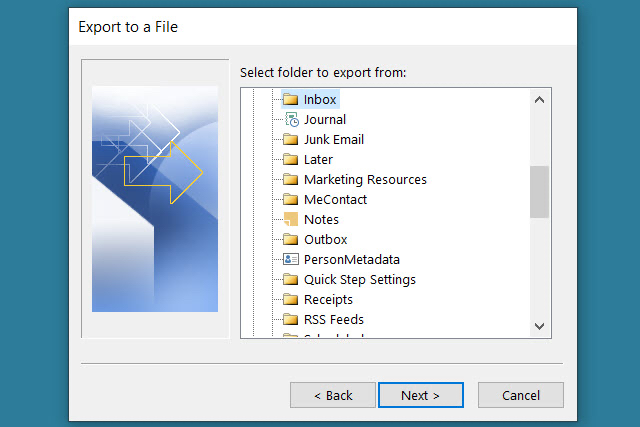 Inbox and folder selection window.