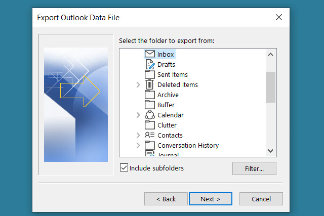 Inbox and folder selection window.