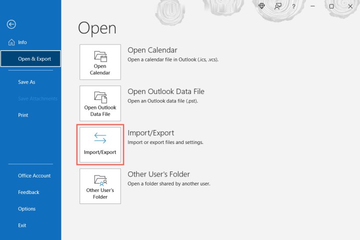 Import/Export-Schaltfläche in Outlook.