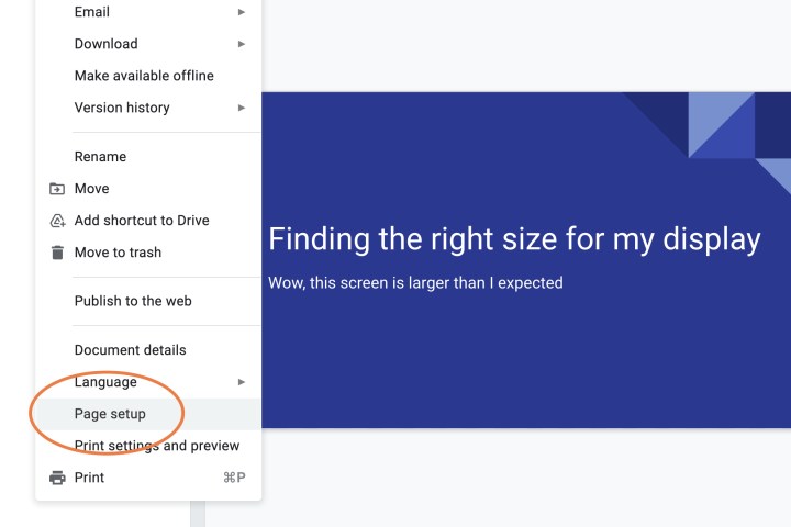 Choose Page Setup in Google Slides.