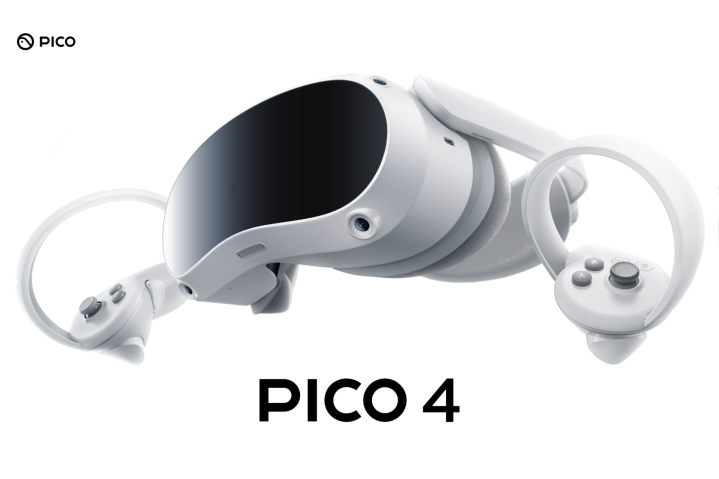 Le cuffie Pico 4 VR galleggiano su uno sfondo bianco senza soluzione di continuità