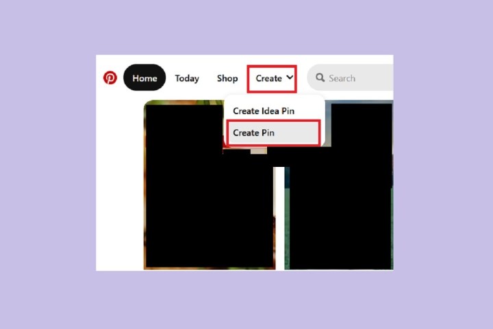 گزینه های منوی ایجاد در Pinterest برای وب دسکتاپ.