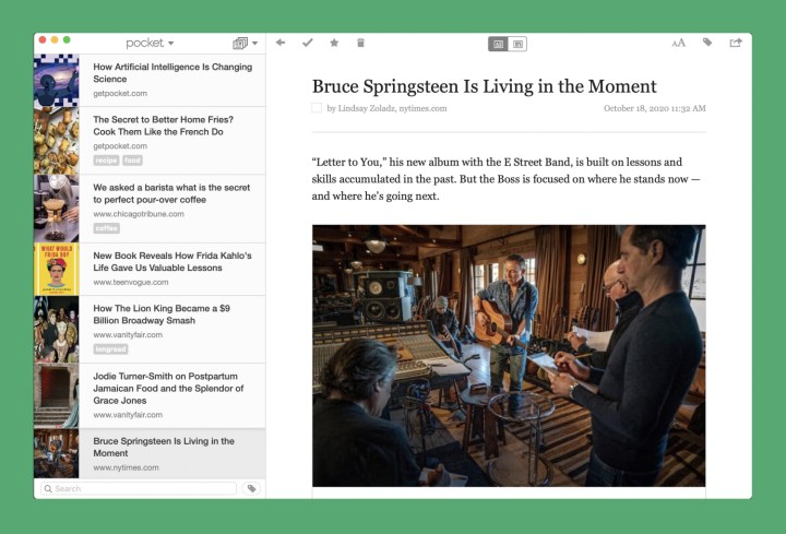 The Pocket app for Mac showing a selection of saved articles.