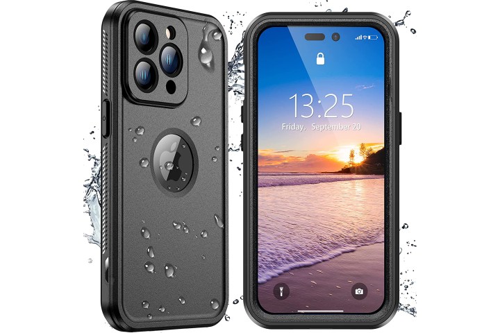 Spidercase for iPhone 14 Pro showing both sides and splashing water.