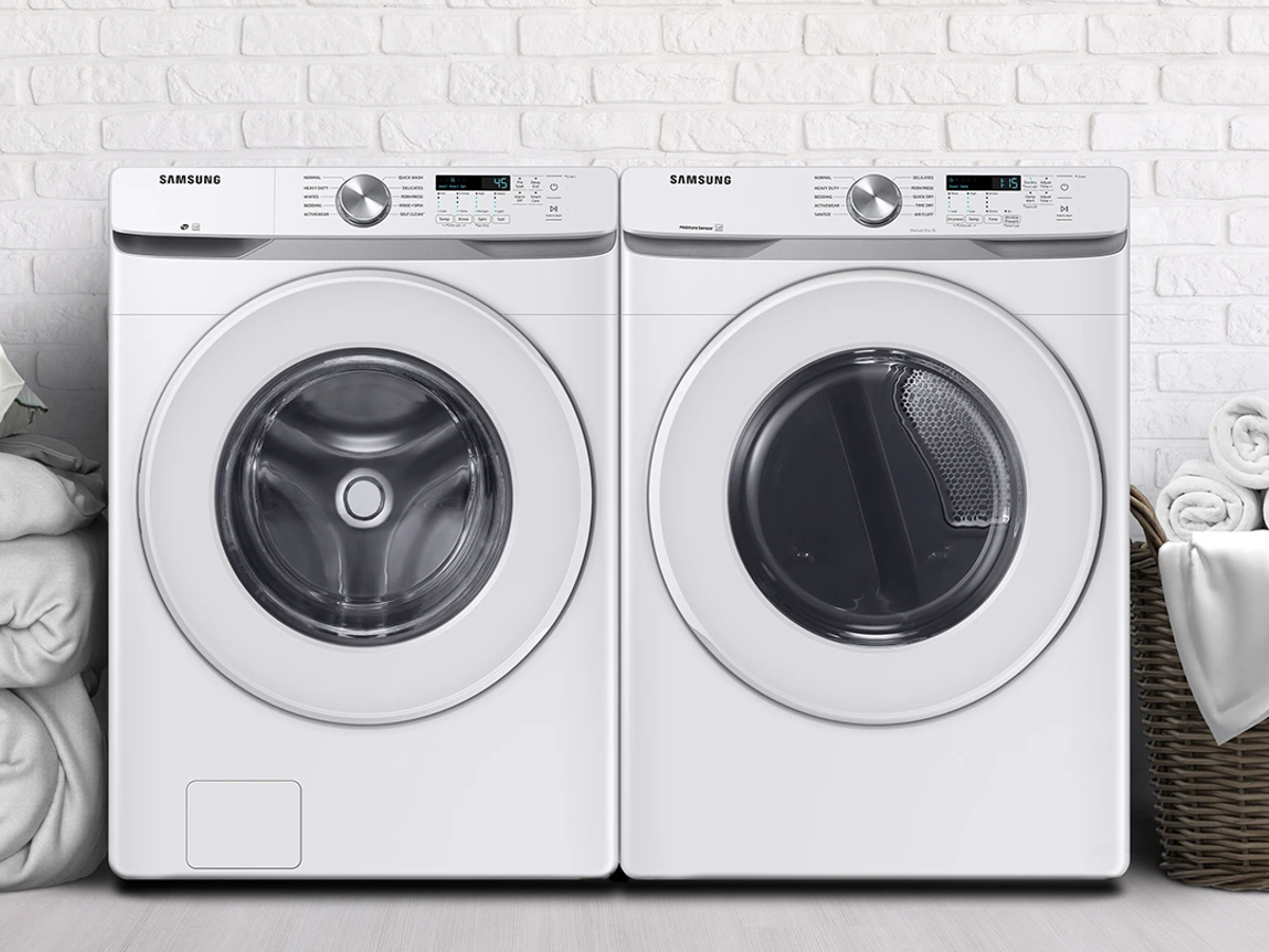 Samsung High Efficiency Stackable Front Load Washer and Electric Dryer in a laundry room.