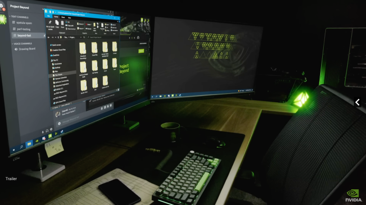 The GeForce Beyond stream showing a dual-monitor PC setup.