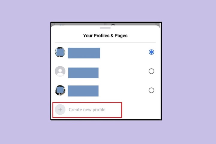 Selecting Create new profile option on Facebook mobile app for Android.