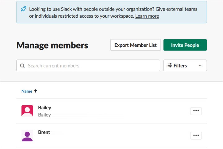 Manage members page in Slack in the web.