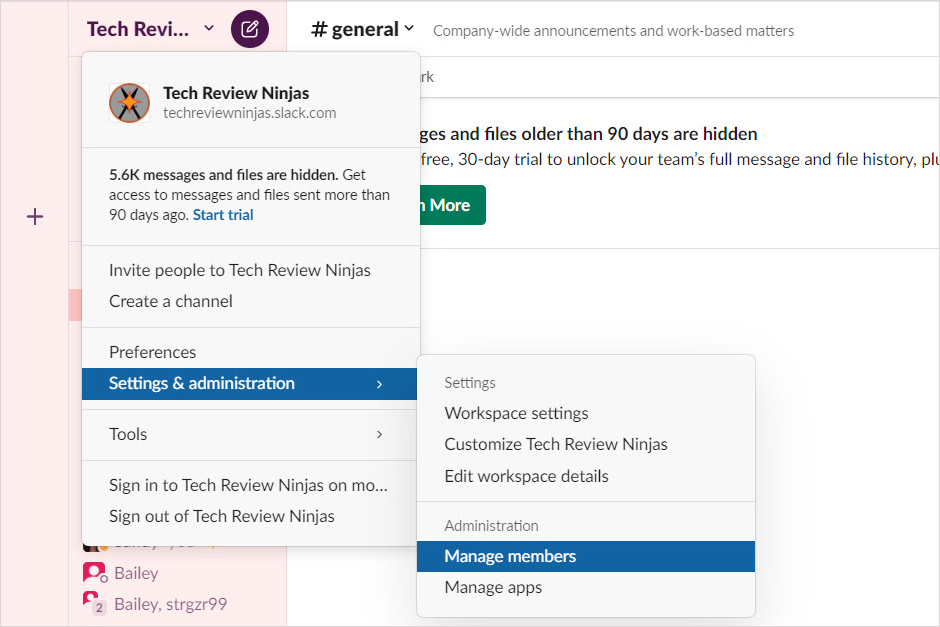 Manage Members in the Slack Settings and Administration menu.
