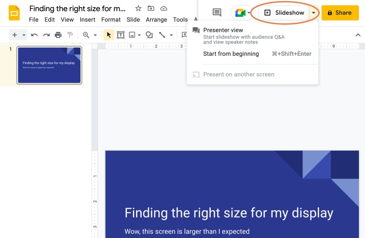 Open the Slideshow menu in Google Slides.