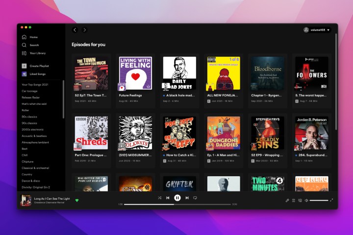 The Spotify Mac app showing a selection of podcasts.