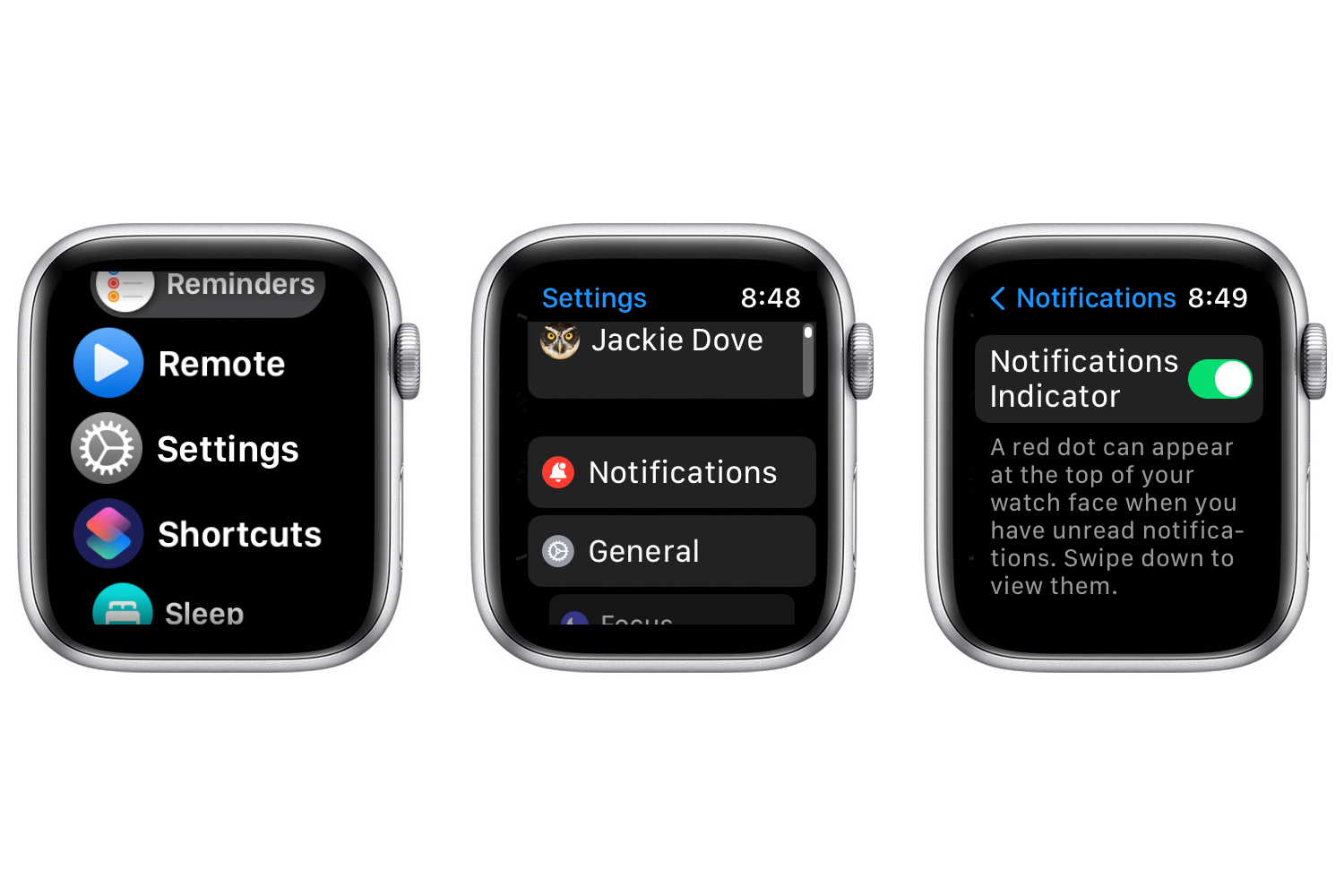 Kroki, aby wyłączyć wskaźnik powiadomień Apple Watch.