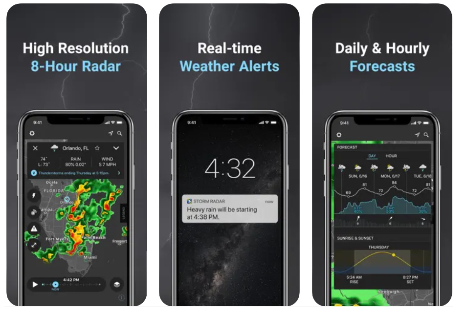 Storm Radar: alertas de la aplicación Weather Tracker y paneles de pronósticos.