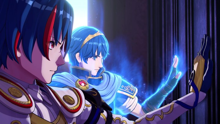 Alear and Marth open a door in Fire Emblem Engage.
