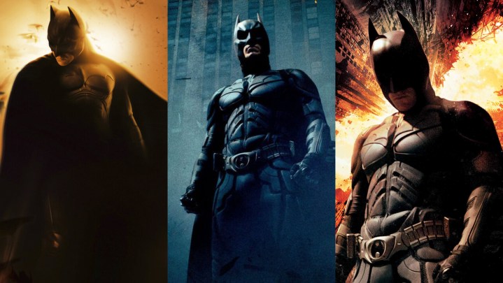 Imagem dividida dos pôsteres de Batman Begins, O Cavaleiro das Trevas e O Cavaleiro das Trevas Ressurge.