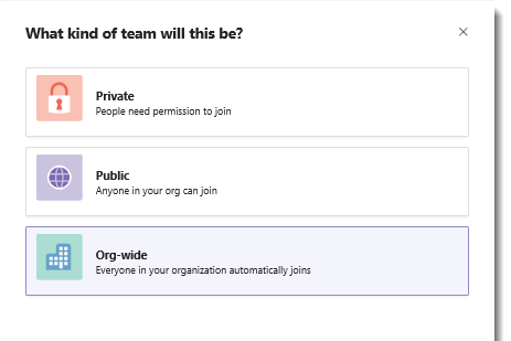 Opções públicas e privadas no Microsoft Teams.