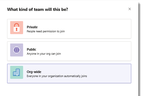 Public and private options in Microsoft Teams.