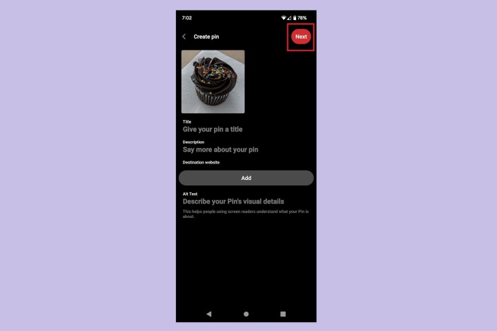The Create Pin screen in the Pinterest Android mobile app.
