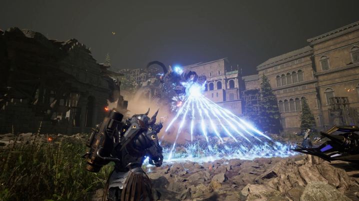 Um robô dispara lasers no jogador em The First Descendant. 
