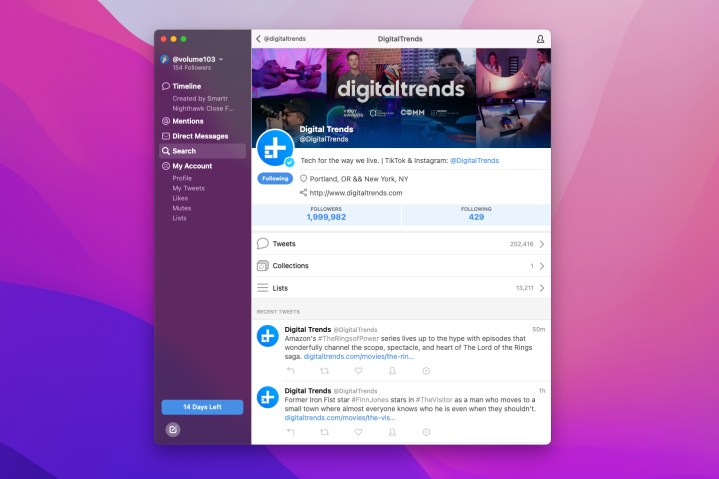 Tweetbot for Mac showing the Digital Trends Twitter account.