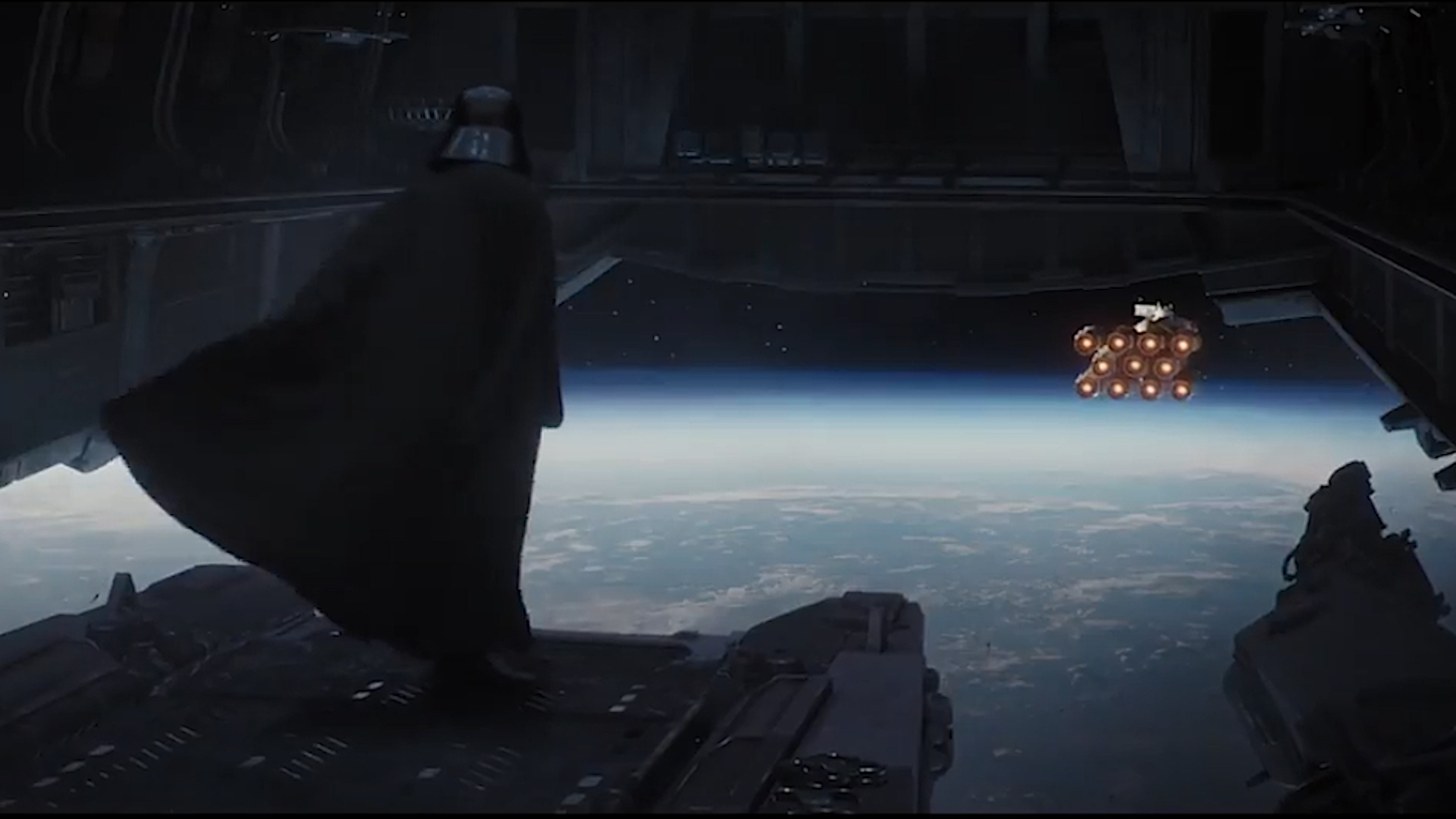 Darth Vader na borda de uma plataforma de pouso em Rogue One