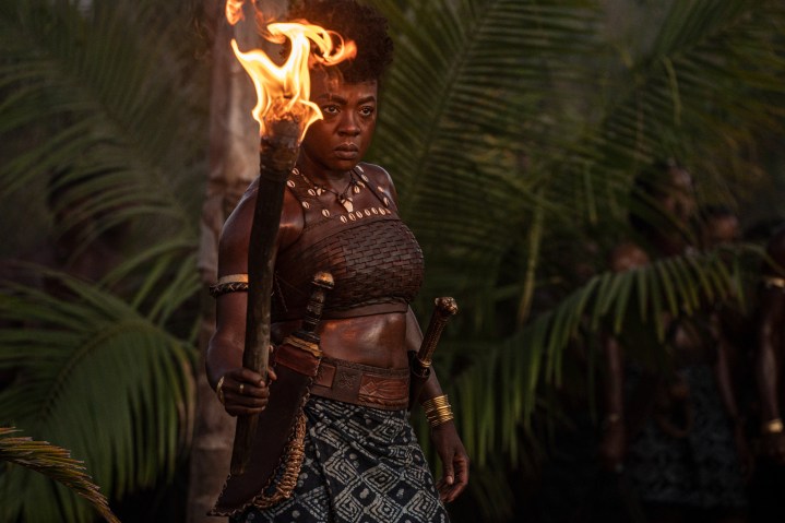 Viola Davis holds a torch in The Woman King.