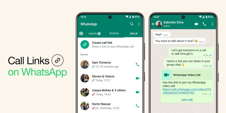 Collegamenti di chiamata di WhatsApp visualizzati su uno smartphone.