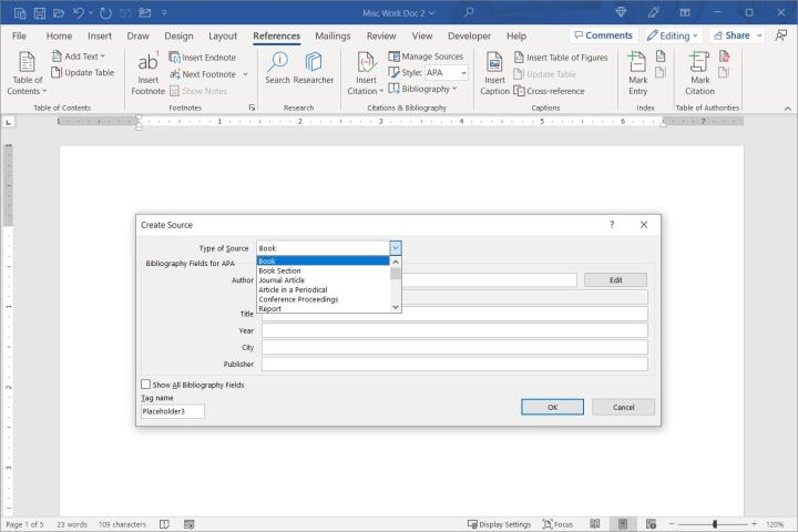 Box to add a new source and citation in Word.