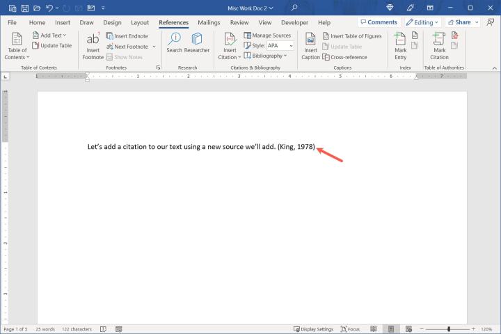In-text citation in Word.