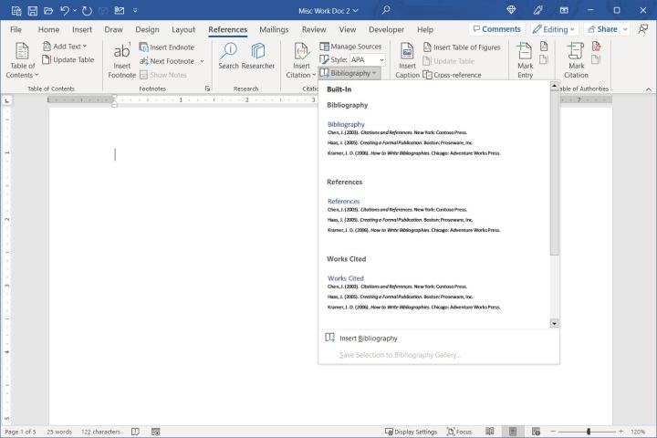 References drop-down list in Word.
