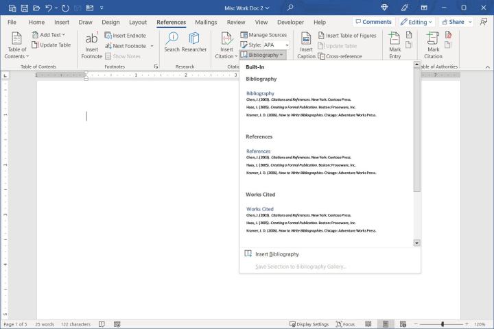 Bibliography drop-down menu in Word.