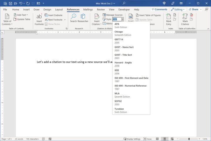 Dropdown-Liste „Stil“ auf der Registerkarte „Referenzen“ in Word.