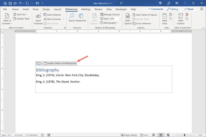 Update button for a bibliography in Word.