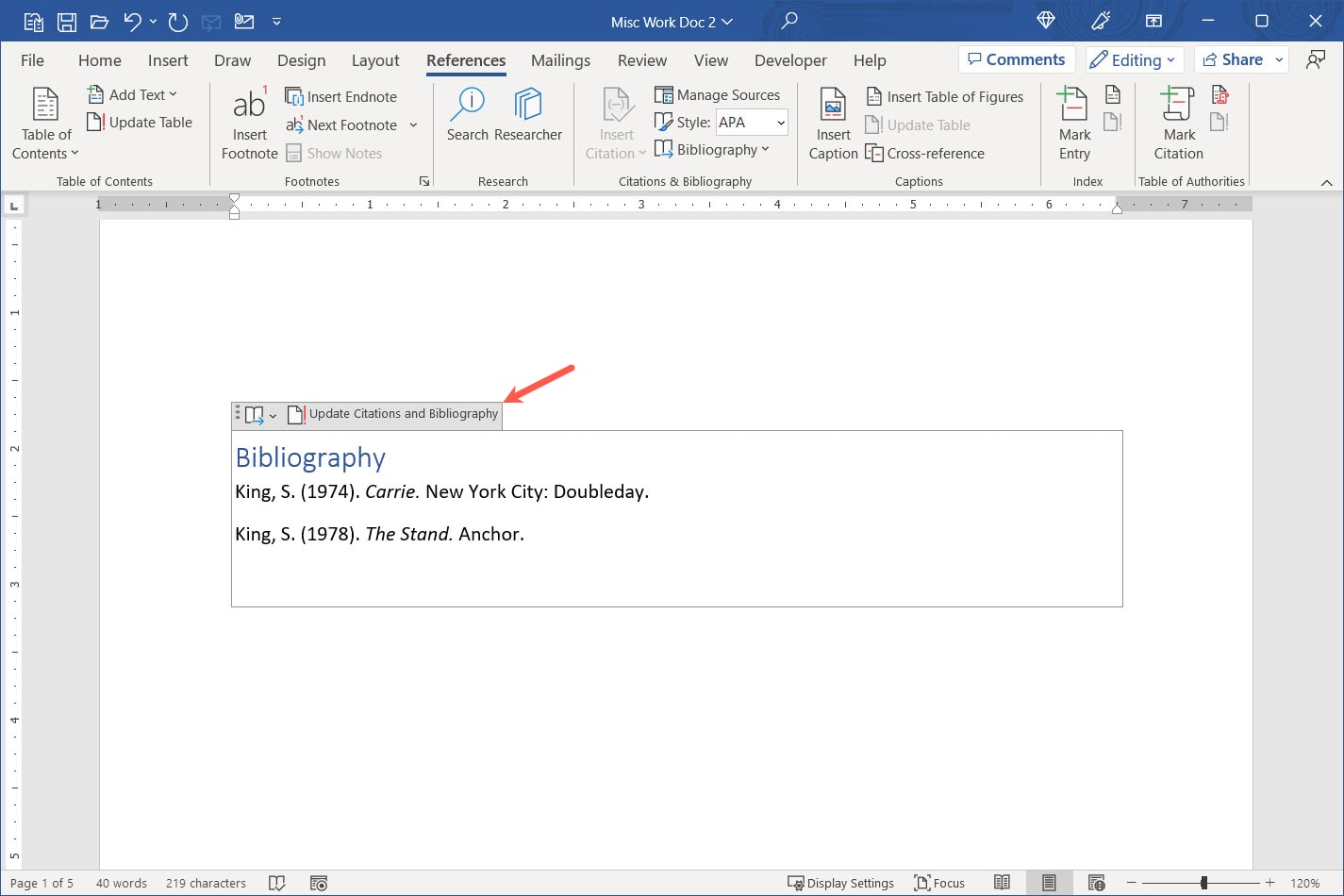 Refresh button for a bibliography in Word.