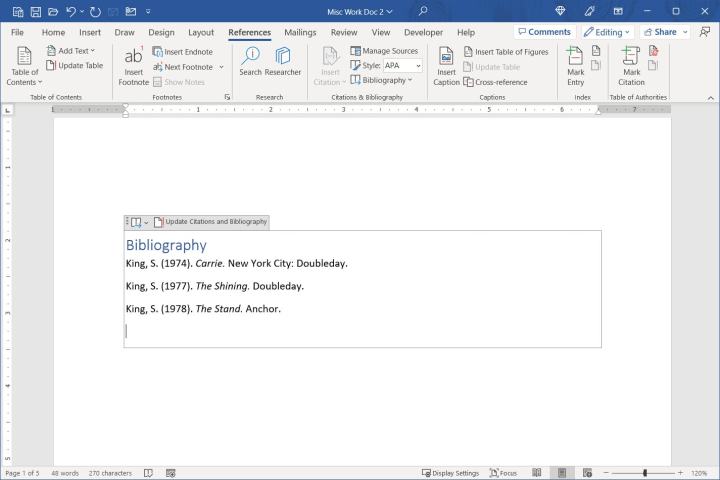 Actualice la lista de referencias en Word.