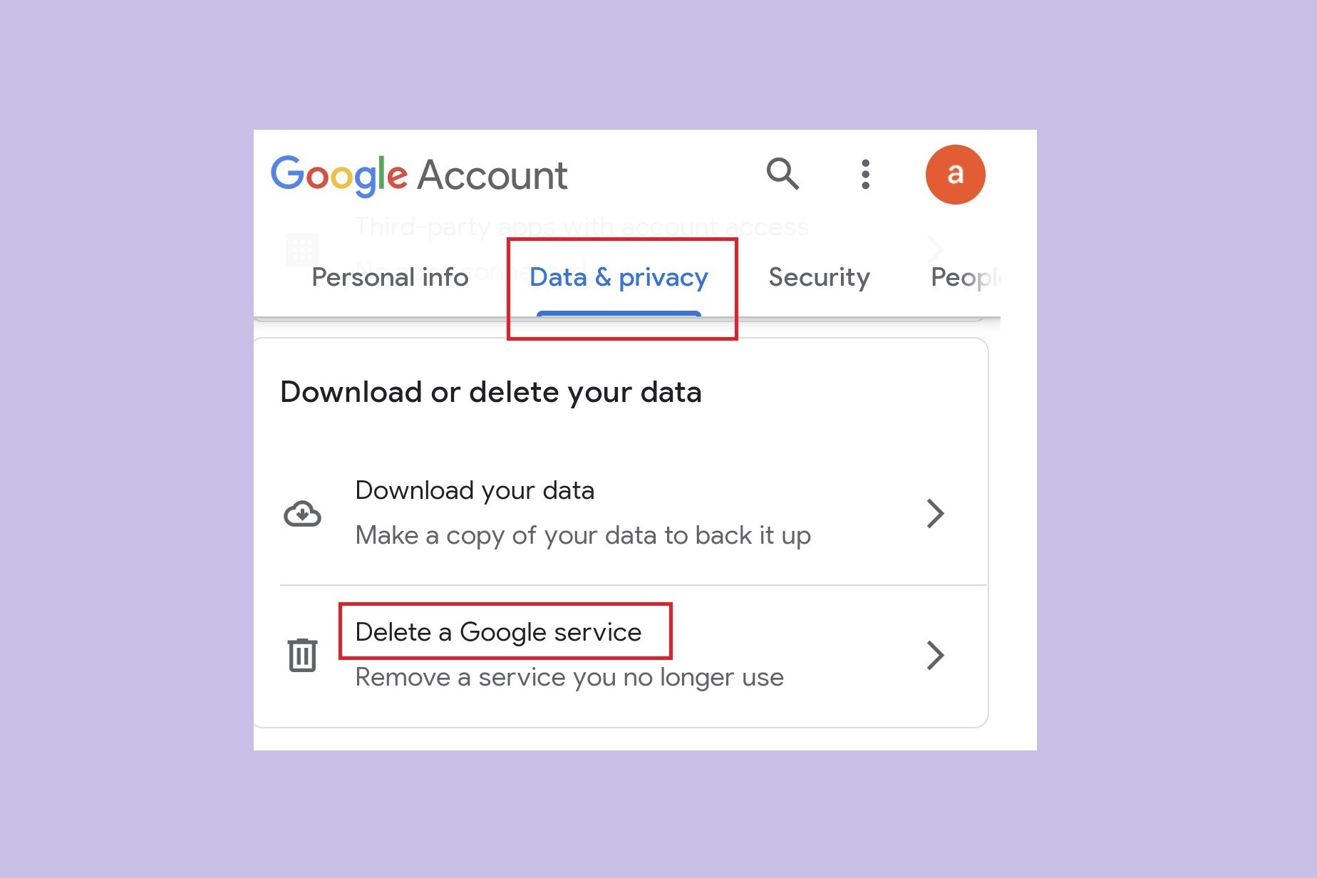 A seção Dados e privacidade das configurações da conta do Google no Android.