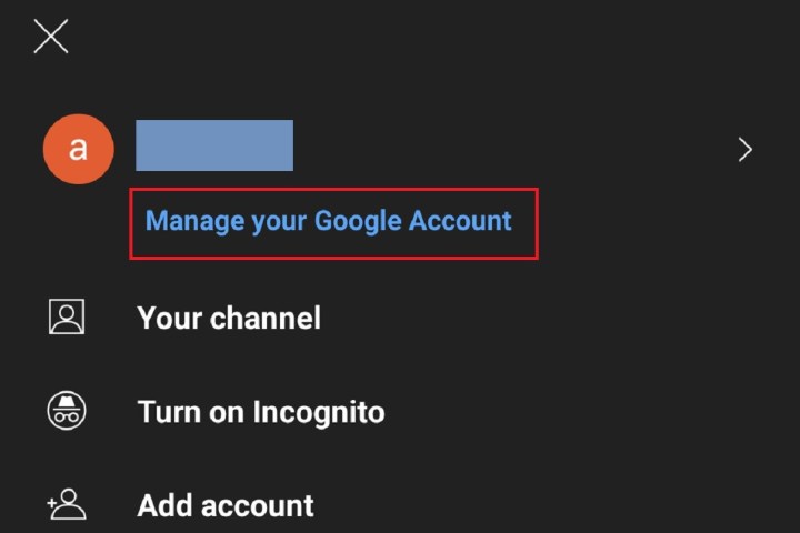 مدیریت حساب Google خود را در YouTube برای Android انتخاب کنید.