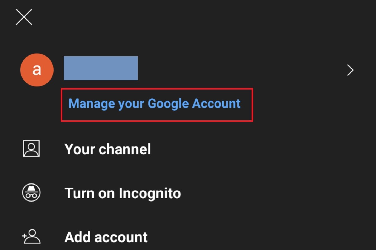 Selecionando Gerenciar sua conta do Google no YouTube para Android.