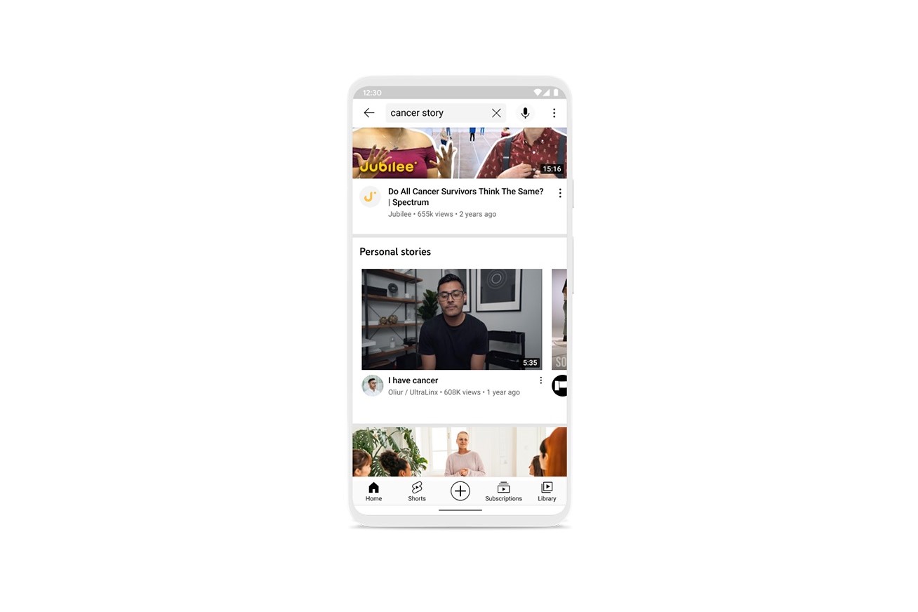 YouTube's new Personal Stories shelf for health topics searches on the YouTube mobile app.