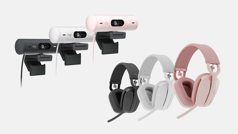 Tres cámaras web Brio 500 en negro, blanco y rosa y tres altavoces Zone Vibe en los mismos colores