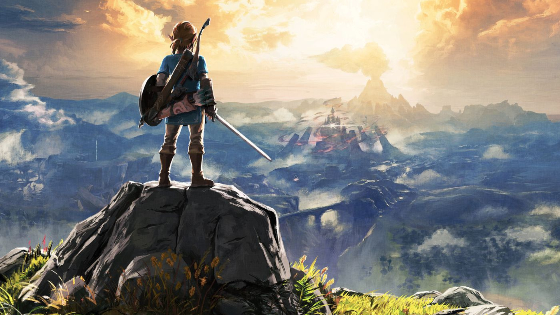 Link em pé no topo de uma colina com vista para a terra de Hyrule.
