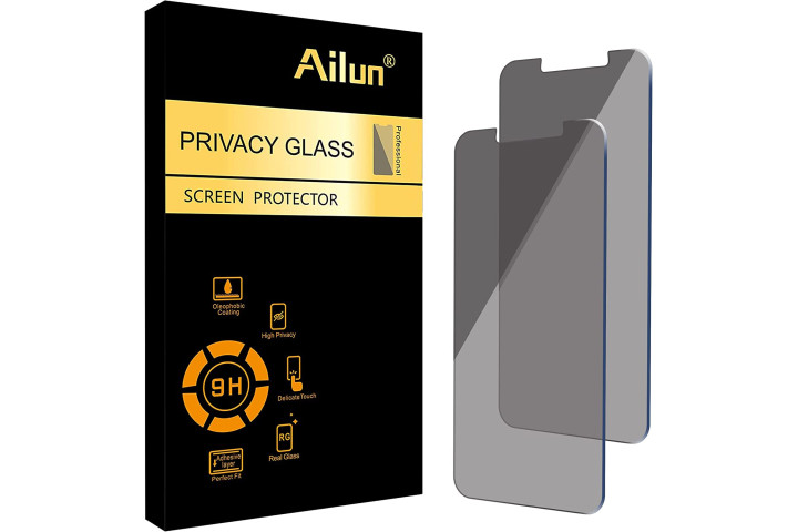 ailun privacy screen protectors for the iphone 14, showing two darkened screen protectors alongside the black and gold retail packaging.
