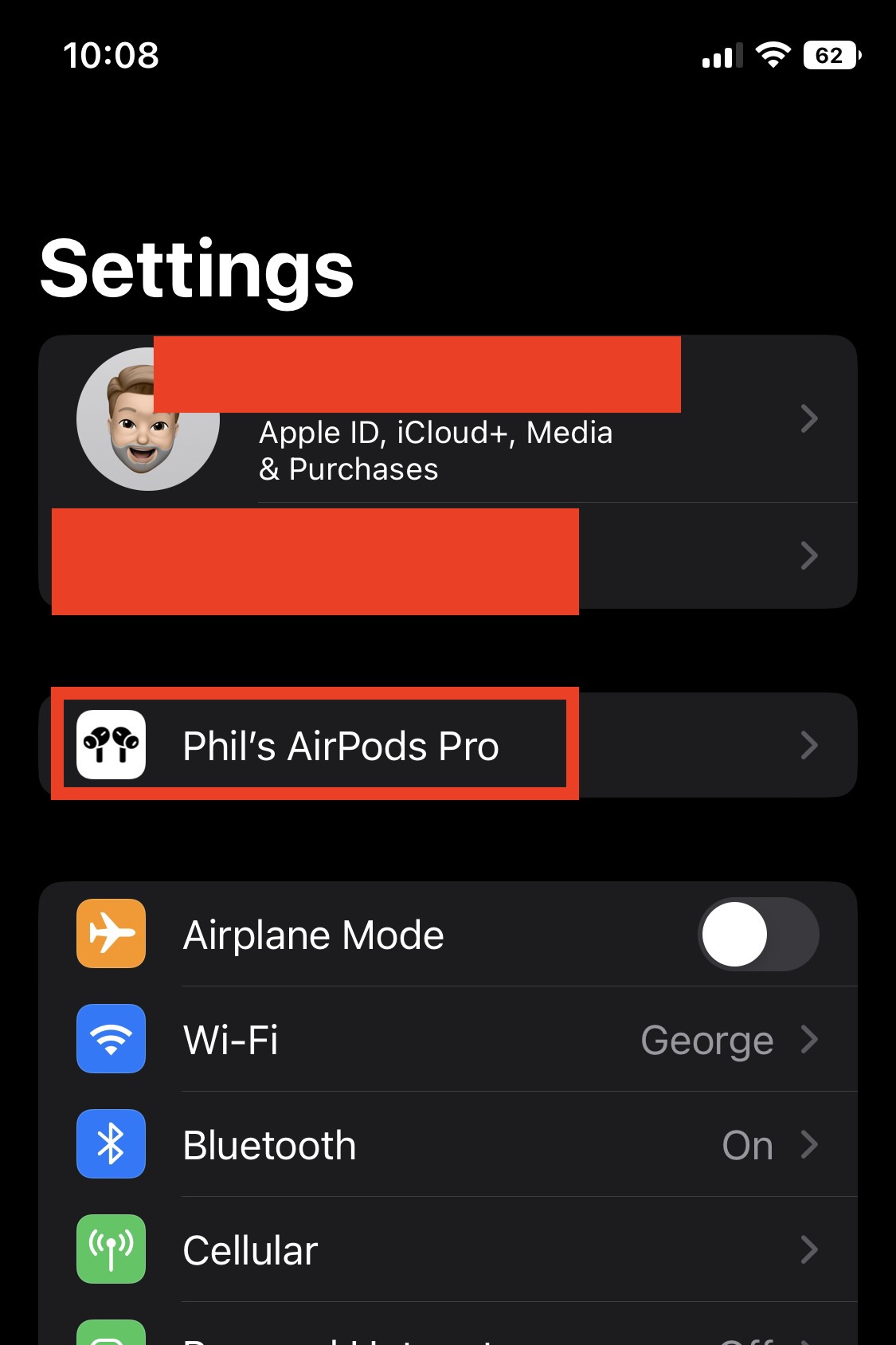 صفحه تنظیمات AirPods Pro در آیفون.