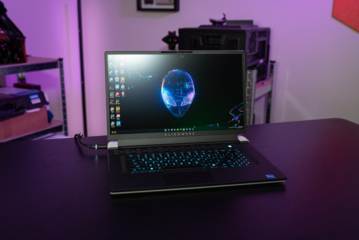 The Alienware x17 R2 gaming laptop with the Alienware logo on the screen.