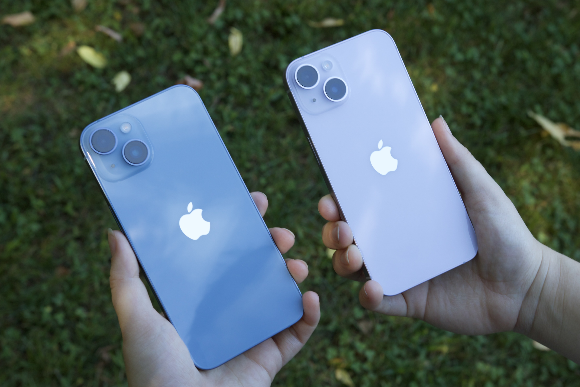 Alguém segurando um iPhone 14 azul em uma mão e um iPhone 14 roxo na outra.
