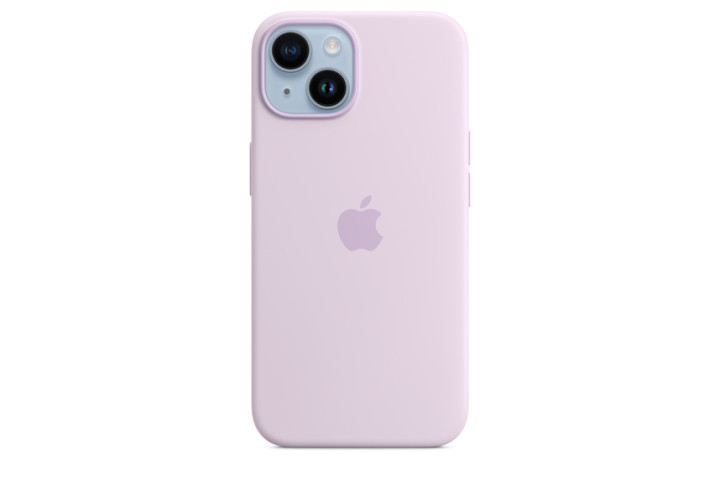 Funda de silicona Apple iPhone 14 con MagSafe en lila.
