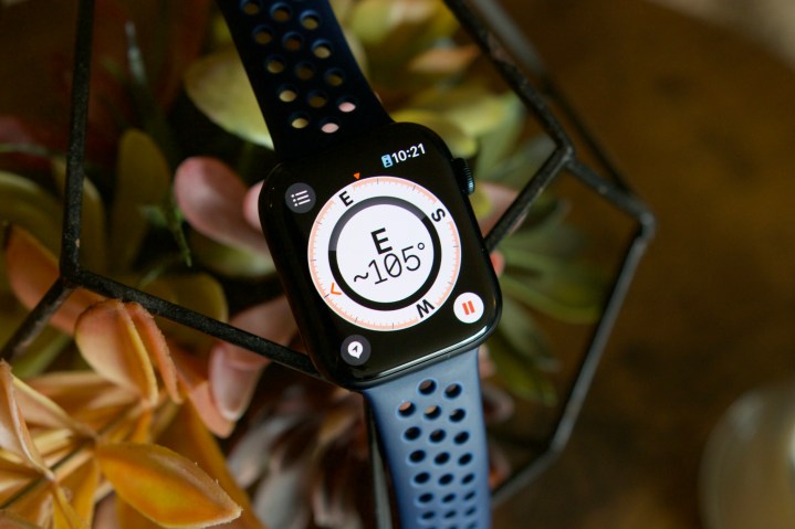An Apple Watch Series 8 running the Compass app in WatchOS 9.