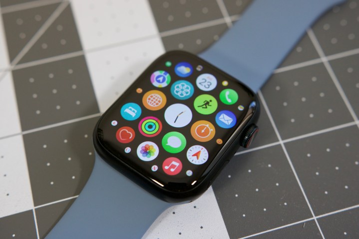 An Apple Watch Series 8 with the screen turned on.
