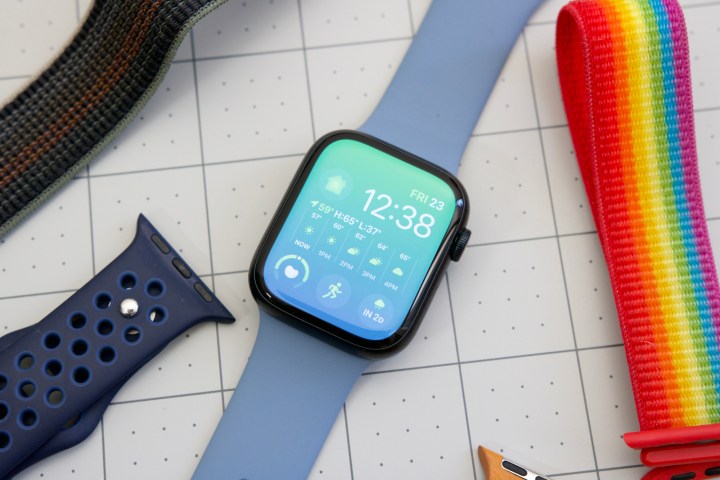 An Apple Watch Series 8 with the screen on.