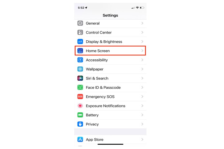 iPhone Settings home screen option.